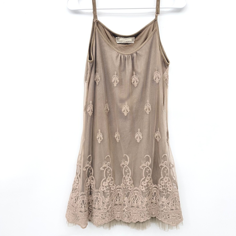a'reve Lace Trim Mesh Mini Dress Coquette Fairycore Boho Womens Small Taupe
